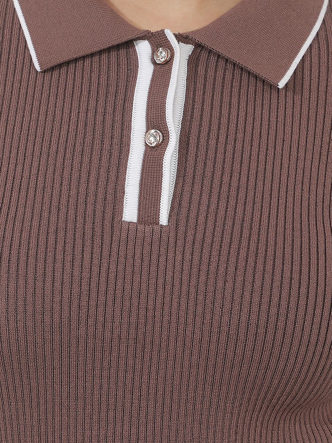 Brown Jacquard Polo Neck T-Shirt