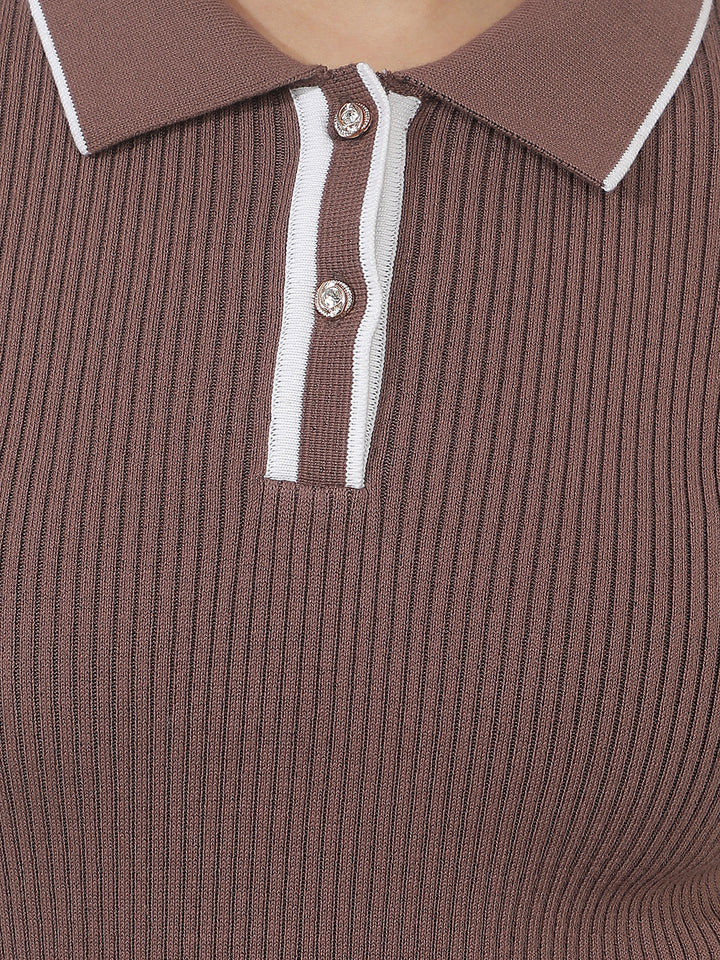 Brown Jacquard Polo Neck T-Shirt