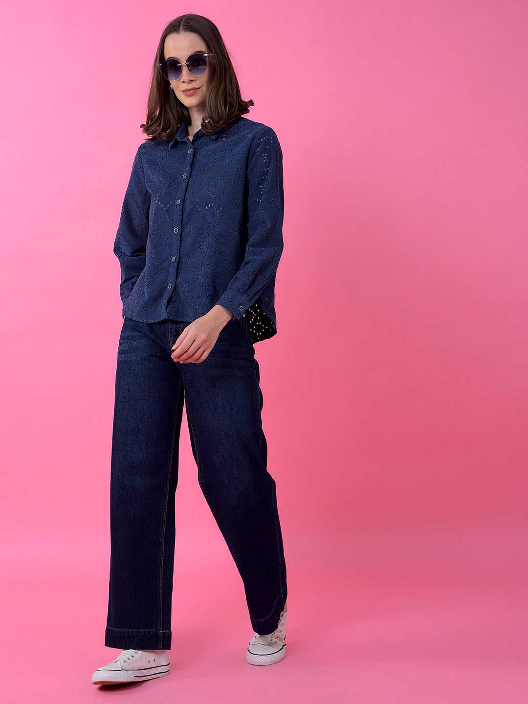 Navy Blue Embroidered 100% Cotton Semi-Sheer Shirt