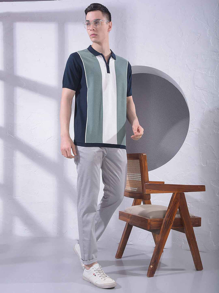 Color-Blocked 100% Cotton Polo Neck T-Shirt with Zip Closure