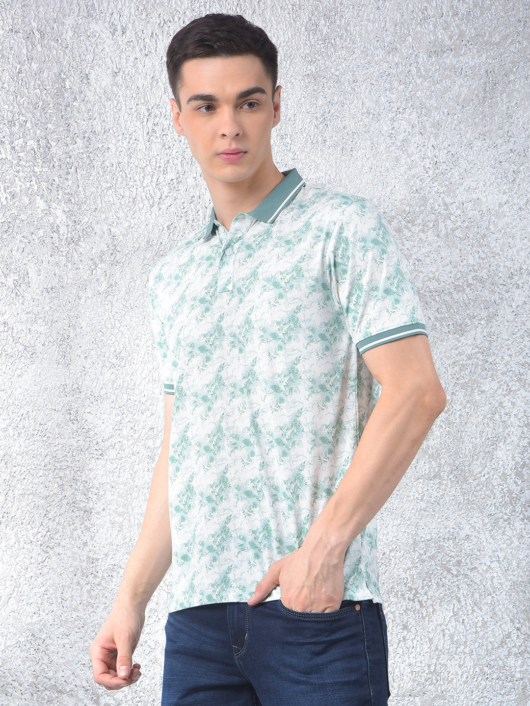 Green Floral Print Polo Neck T-Shirt