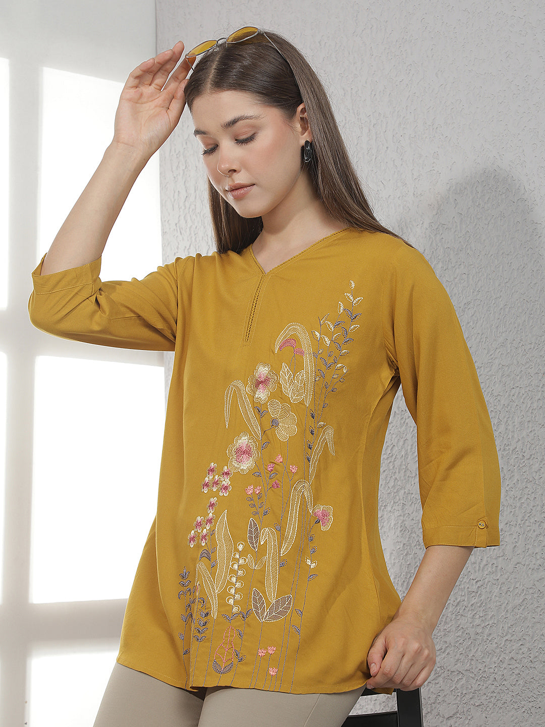 Mustard Embroidered V-Neck Top