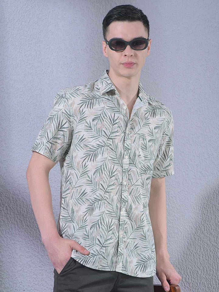 Green Linen Floral Print Shirt