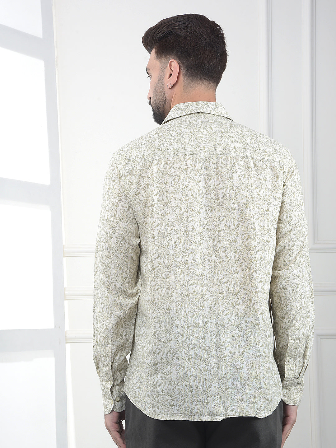Olive Floral Print Linen Shirt