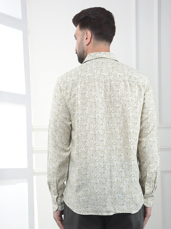 Olive Floral Print Linen Shirt