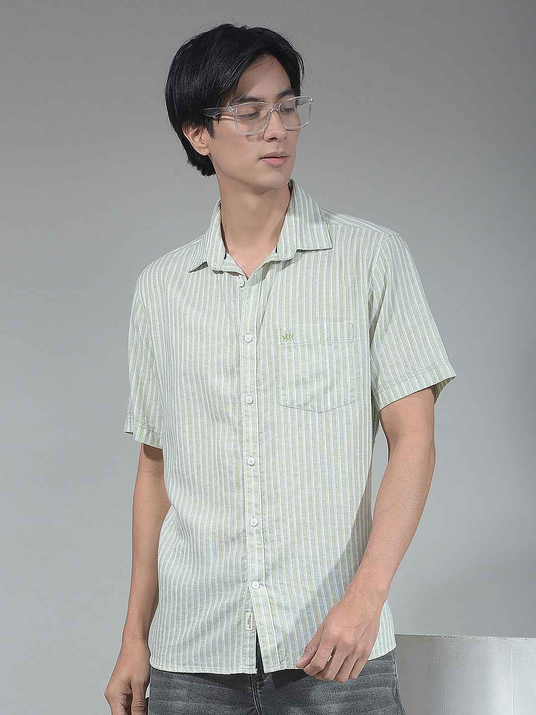 Green Vertical Striped Linen Shirt