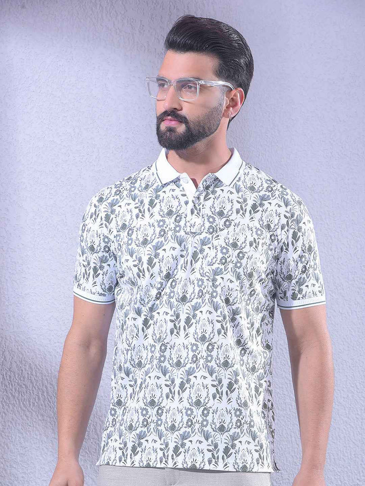 Green Floral Print Polo Neck T-Shirt