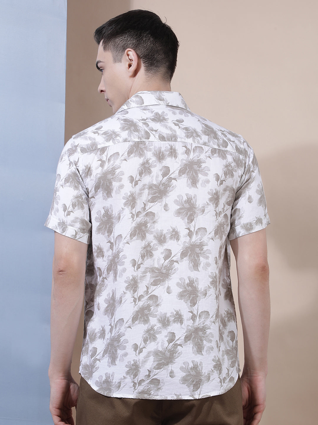 Beige 100% Cotton Floral Printed Shirt