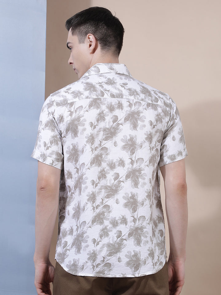 Beige 100% Cotton Floral Printed Shirt