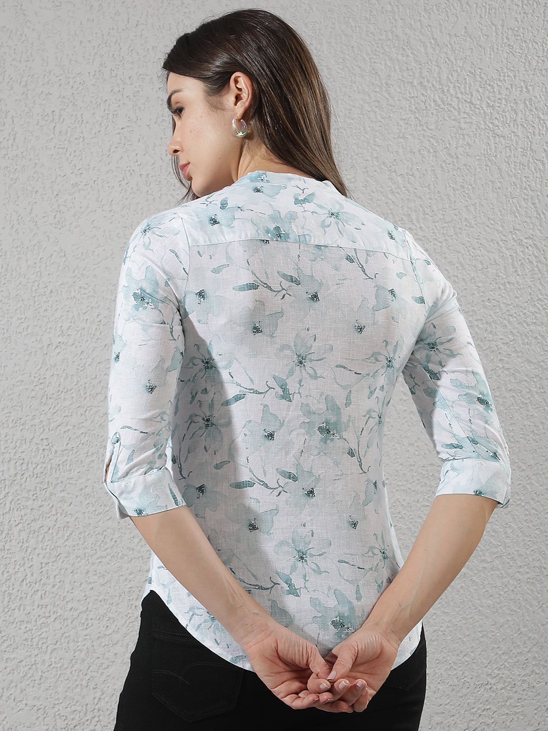 Green Floral Print V-Neck Linen Top