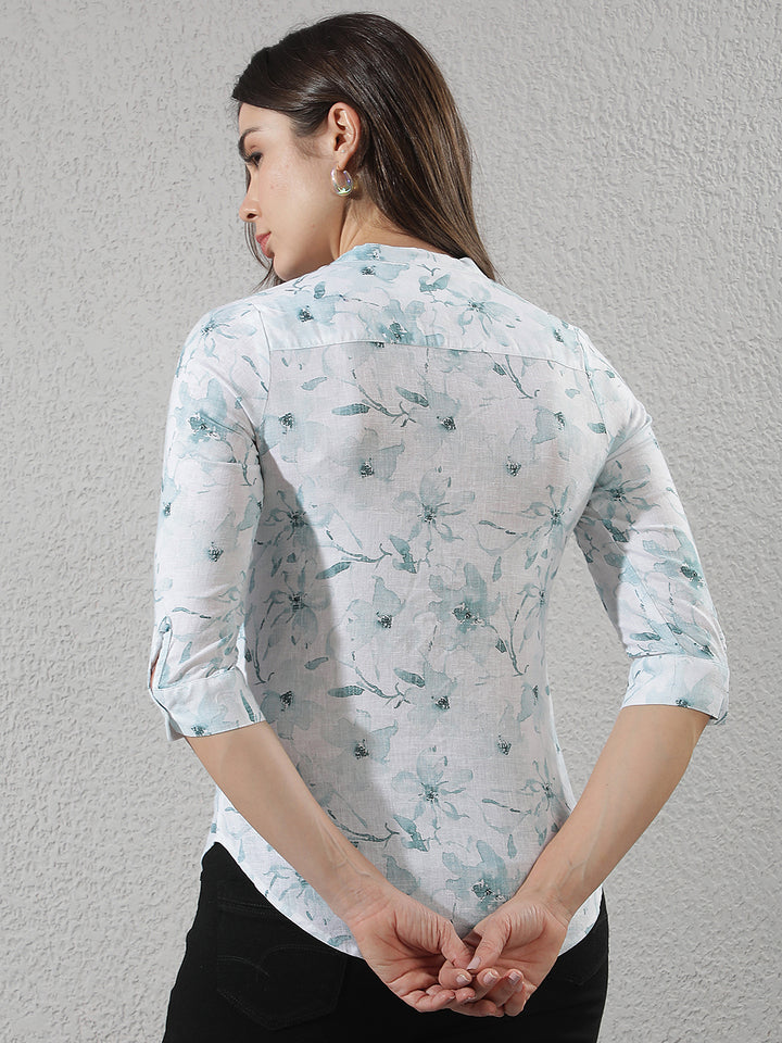 Green Floral Print V-Neck Linen Top