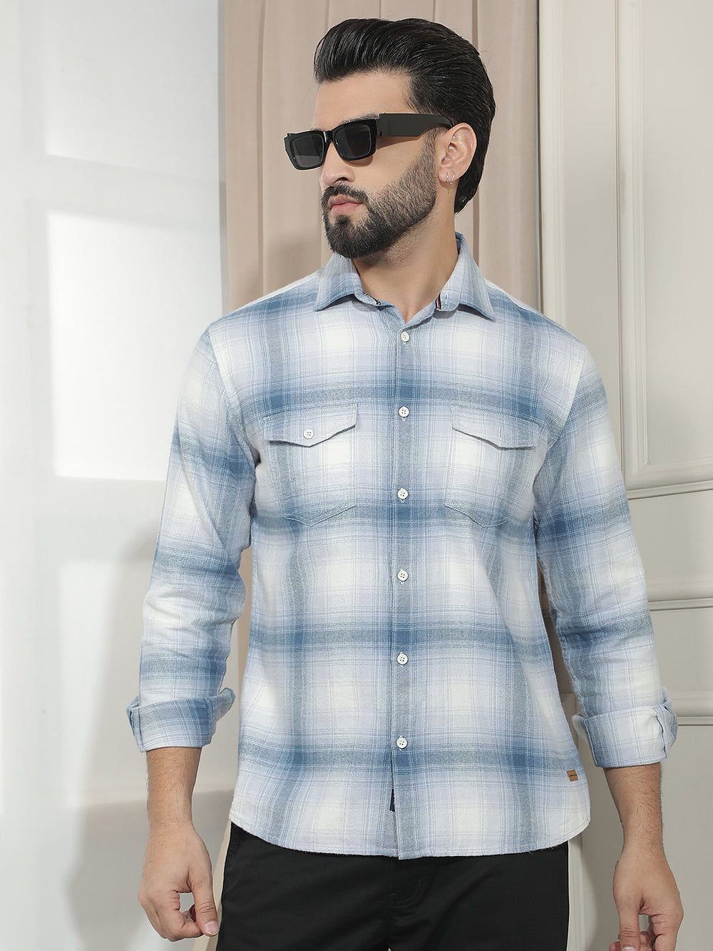 Blue Checked 100% Cotton Double Pocket Shirt