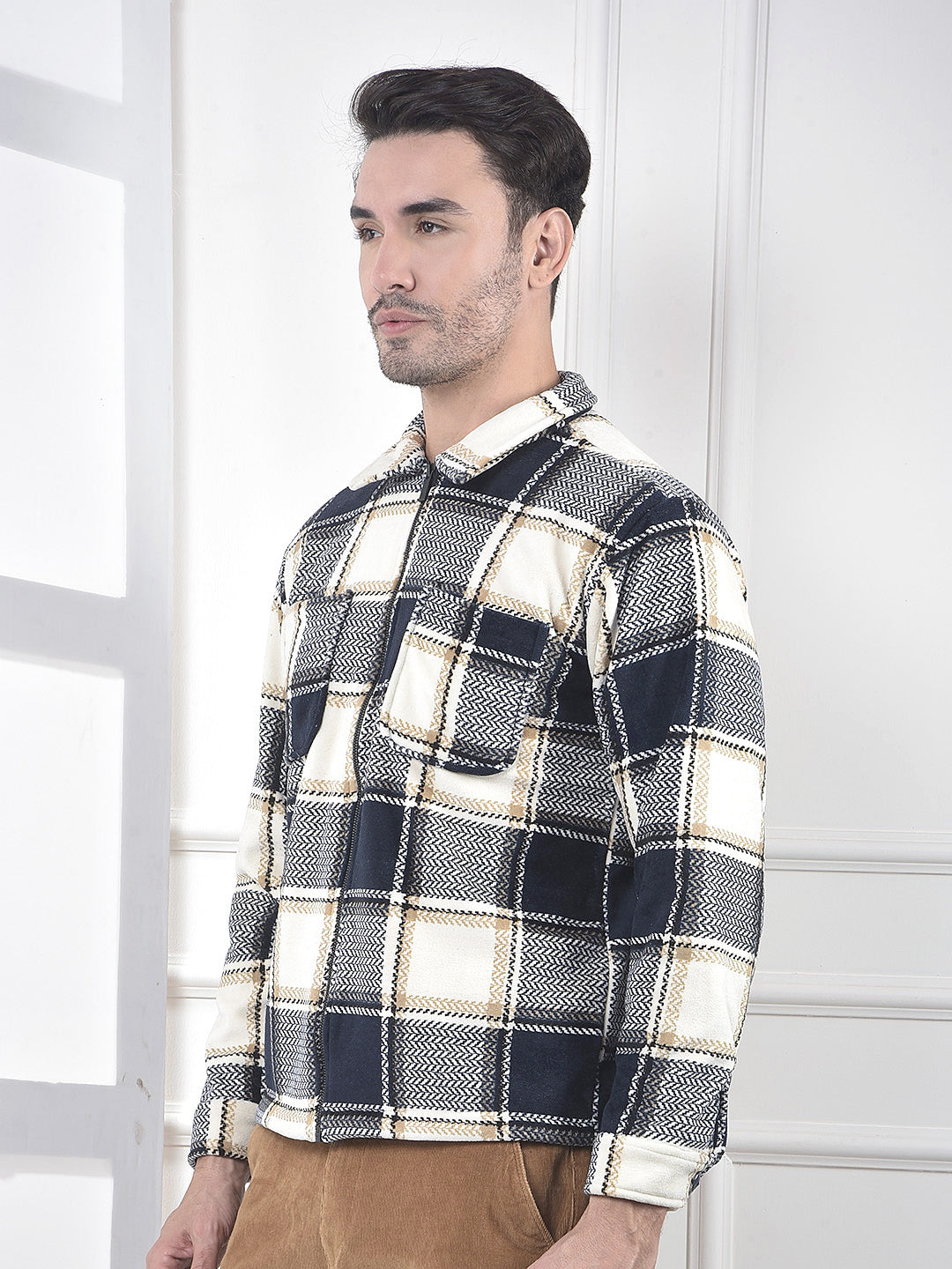 Navy Blue Checked Zip-Up Shacket