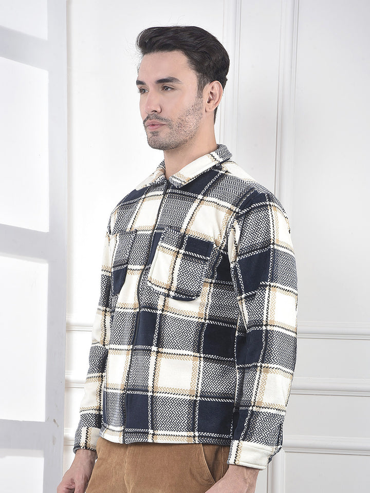 Navy Blue Checked Zip-Up Shacket