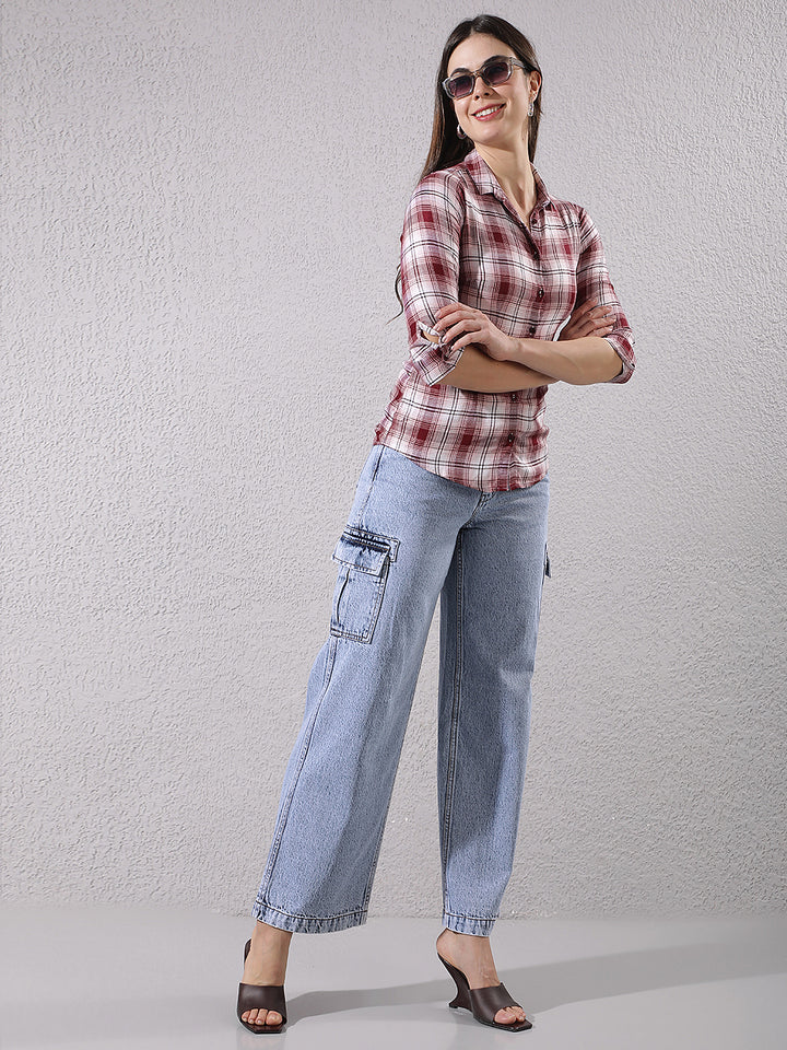 Minimalist Bordeaux Maroon Checked Shirt