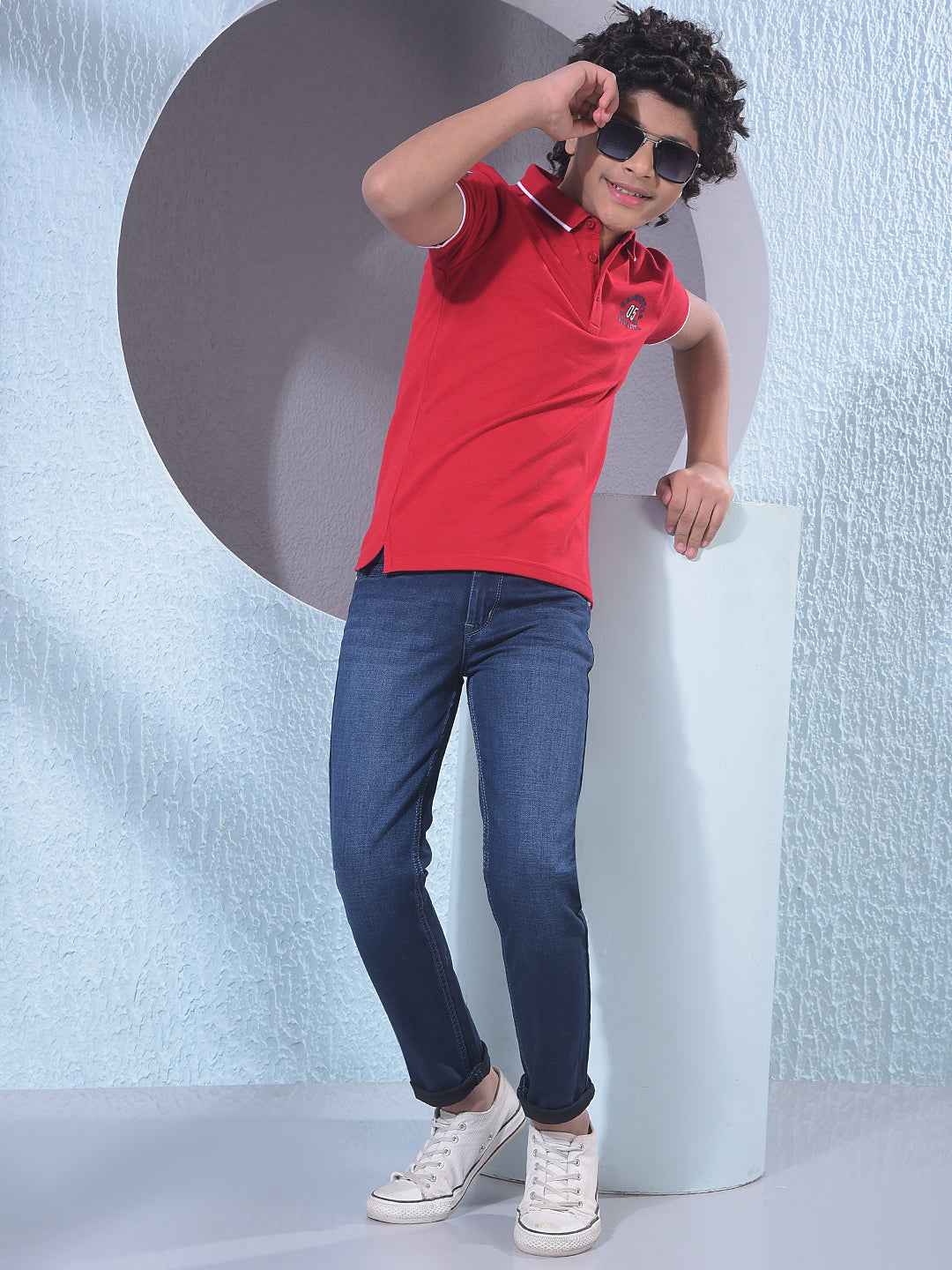 Red Typographic Print Polo Neck T-Shirt