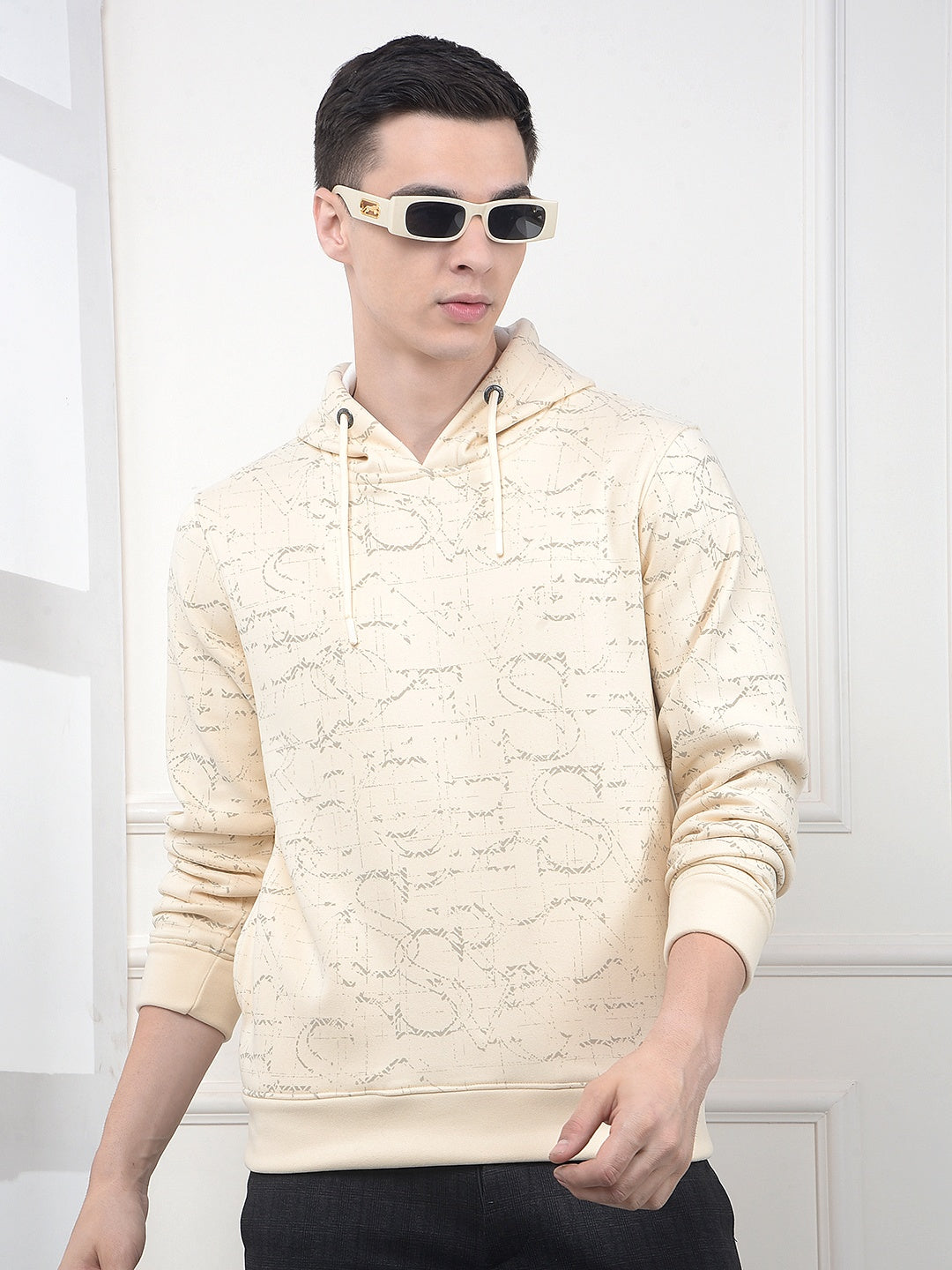 Cream Printed Hooded Neck Sweatshirt
