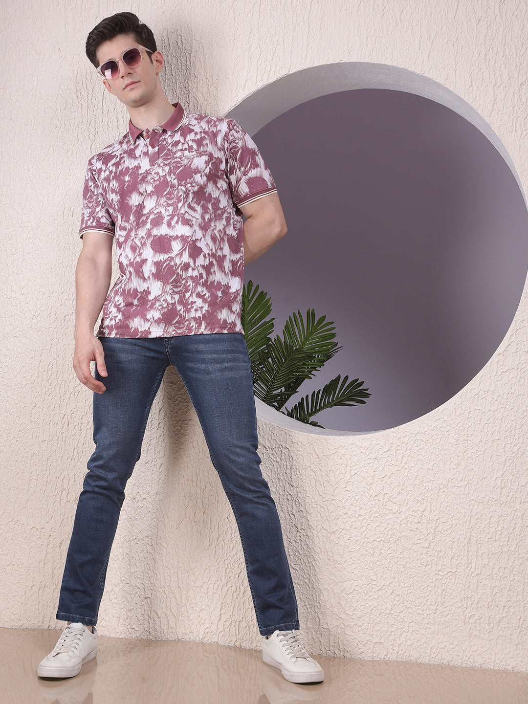 Maroon Floral Print Polo-Neck T-Shirt