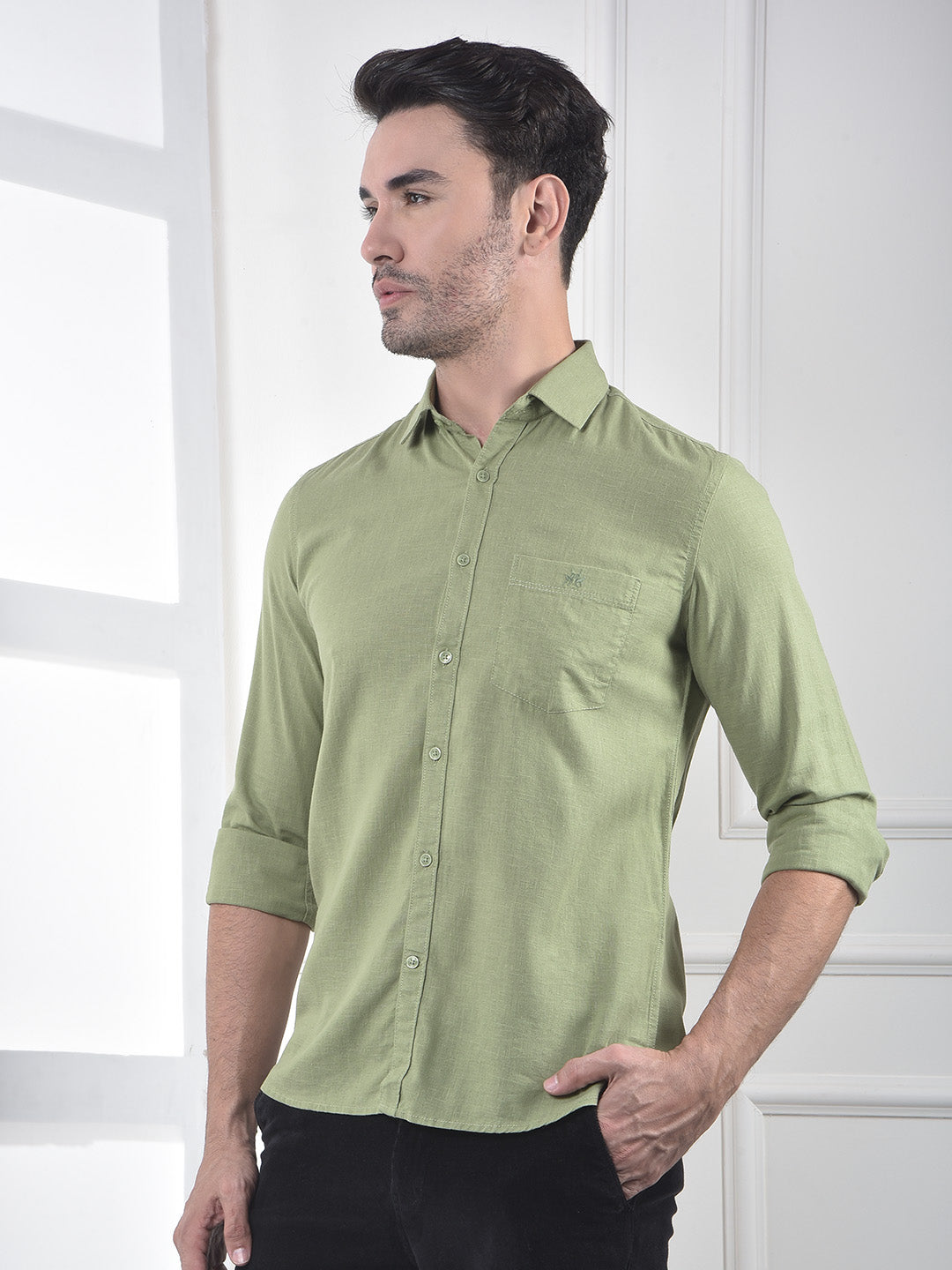 Green Linen Blend Casual Shirt