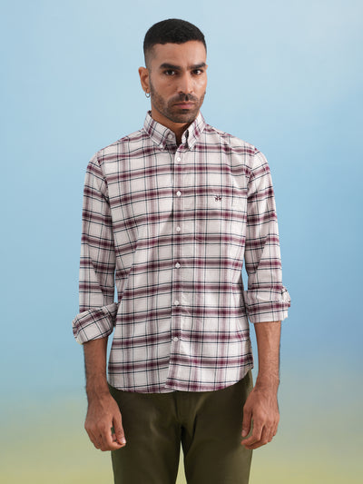 Maroon Checked 100% Cotton Button-Down Collar Shirt