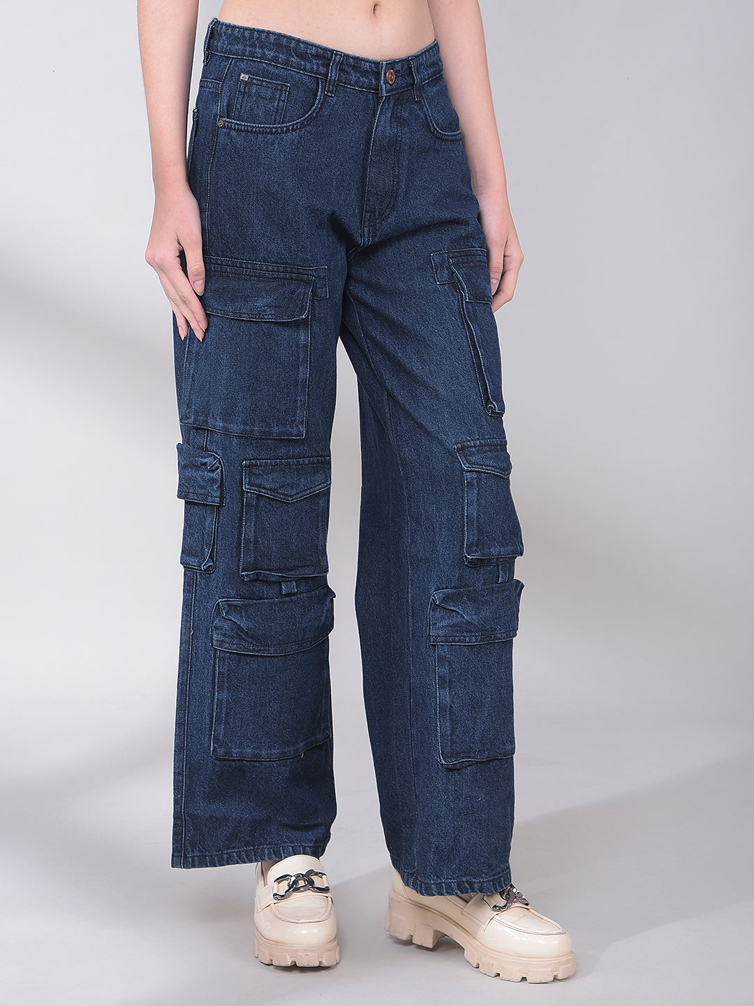 Blue 100% Cotton Cargo Jeans-Women Jeans-Crimsoune Club