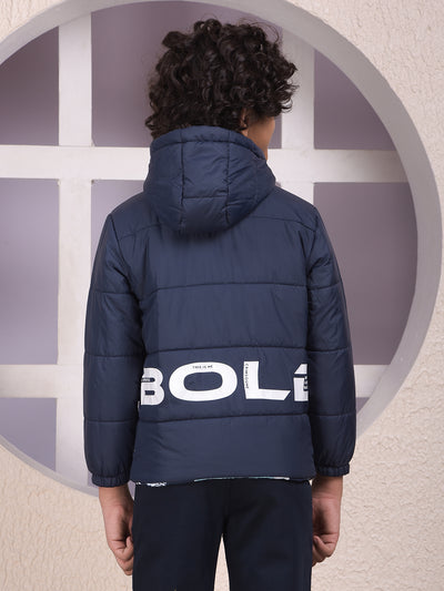Navy Blue Color-Block Hooded Neck Puffer Jacket