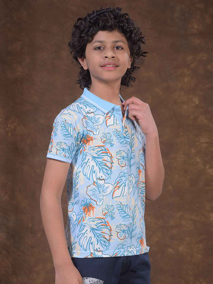 Blue Floral Print Polo Neck T-Shirt