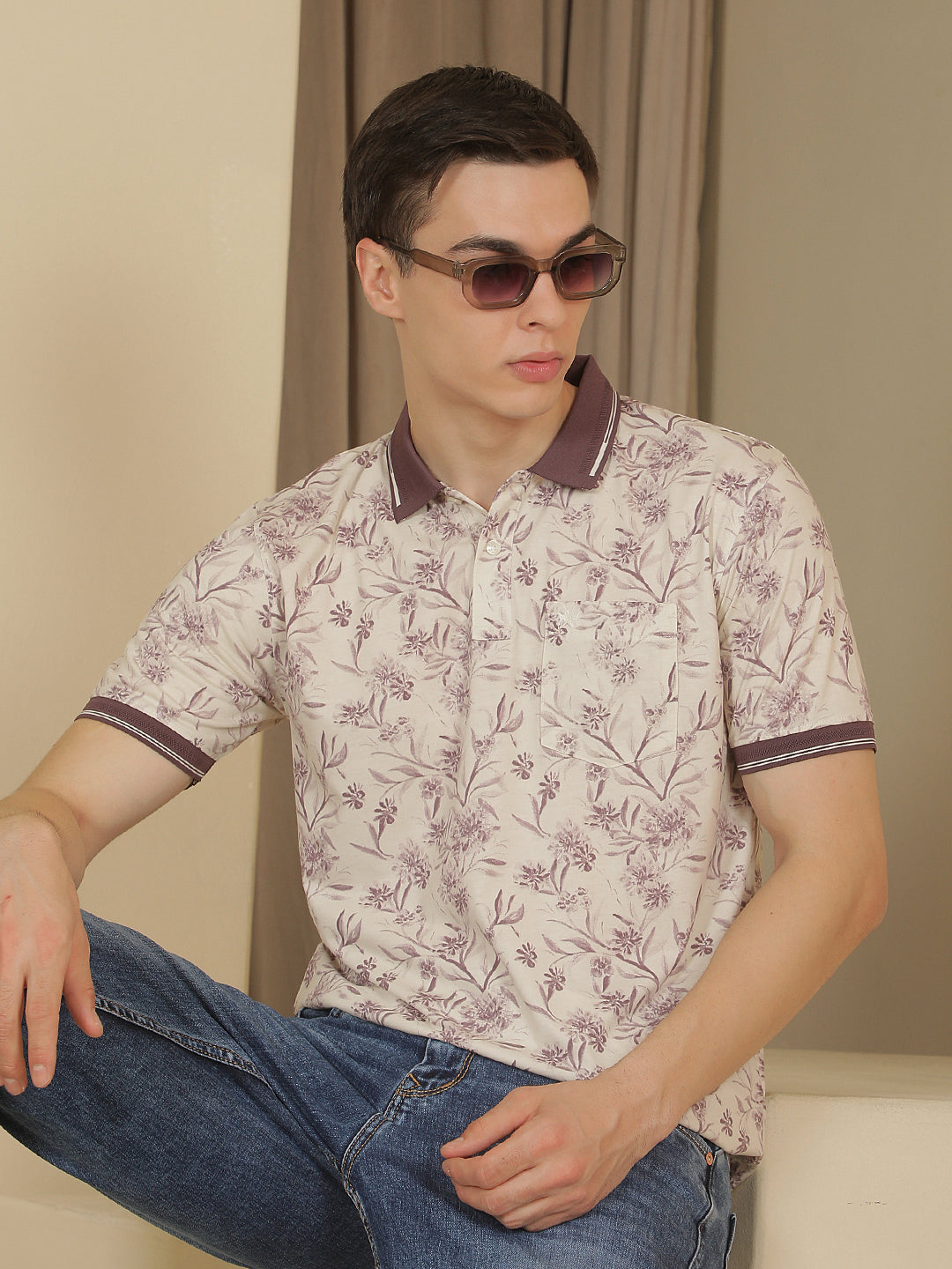 Purple Floral Print Polo Neck T-Shirt