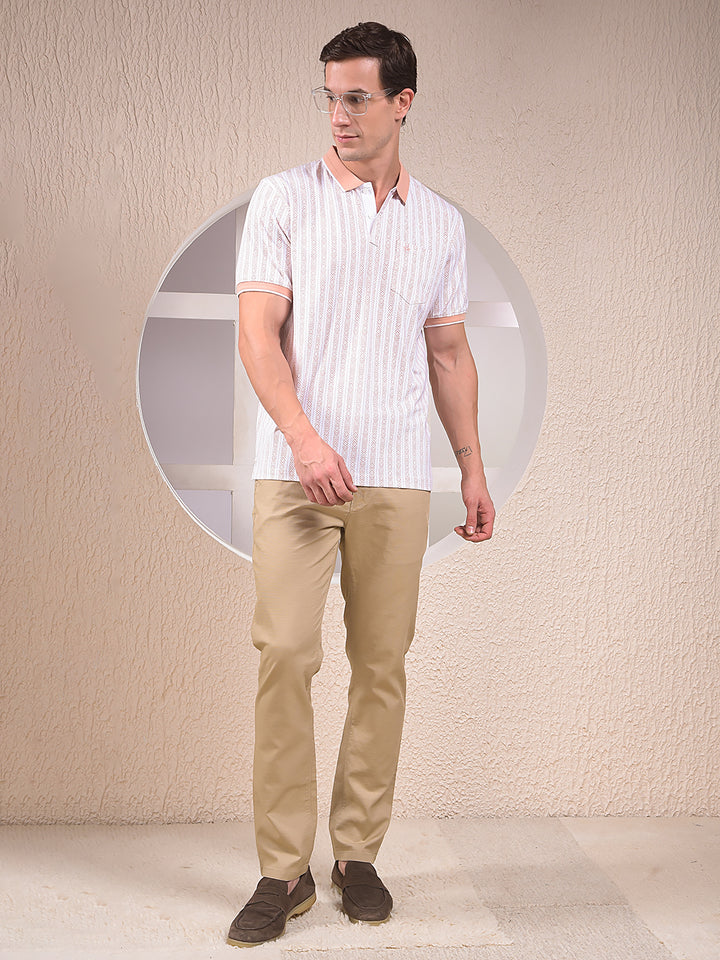 Peach Vertical Stripes Polo Neck T-Shirt