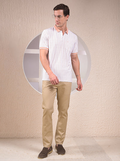 Peach Vertical Stripes Polo Neck T-Shirt
