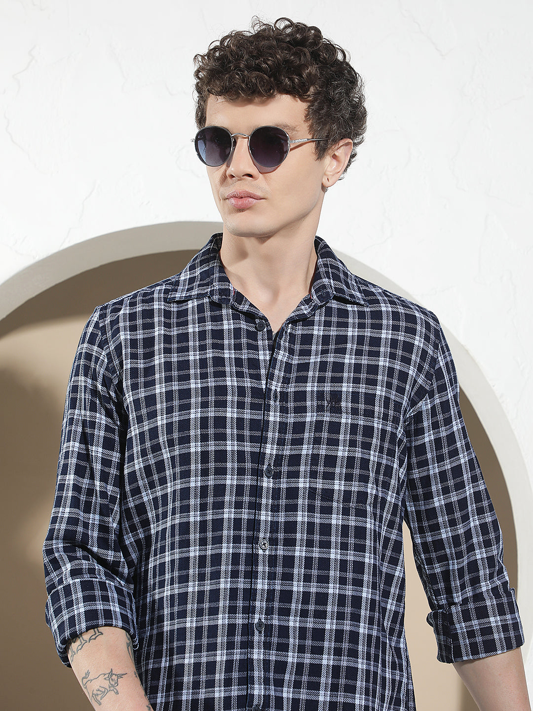 Navy Blue 100% Cotton Checked Shirt