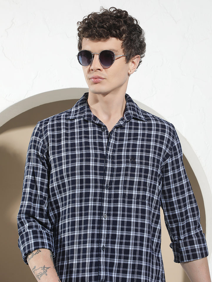 Navy Blue 100% Cotton Checked Shirt