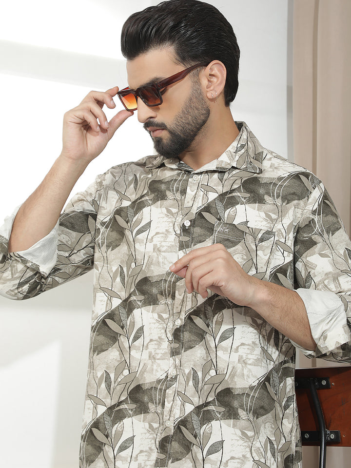 Brown 100% Cotton Botanical Printed Corduroy Shirt