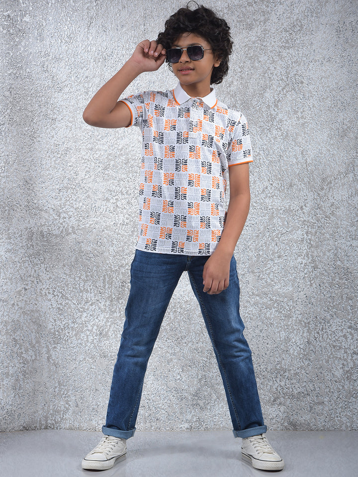 Orange Printed Polo Neck T-Shirt