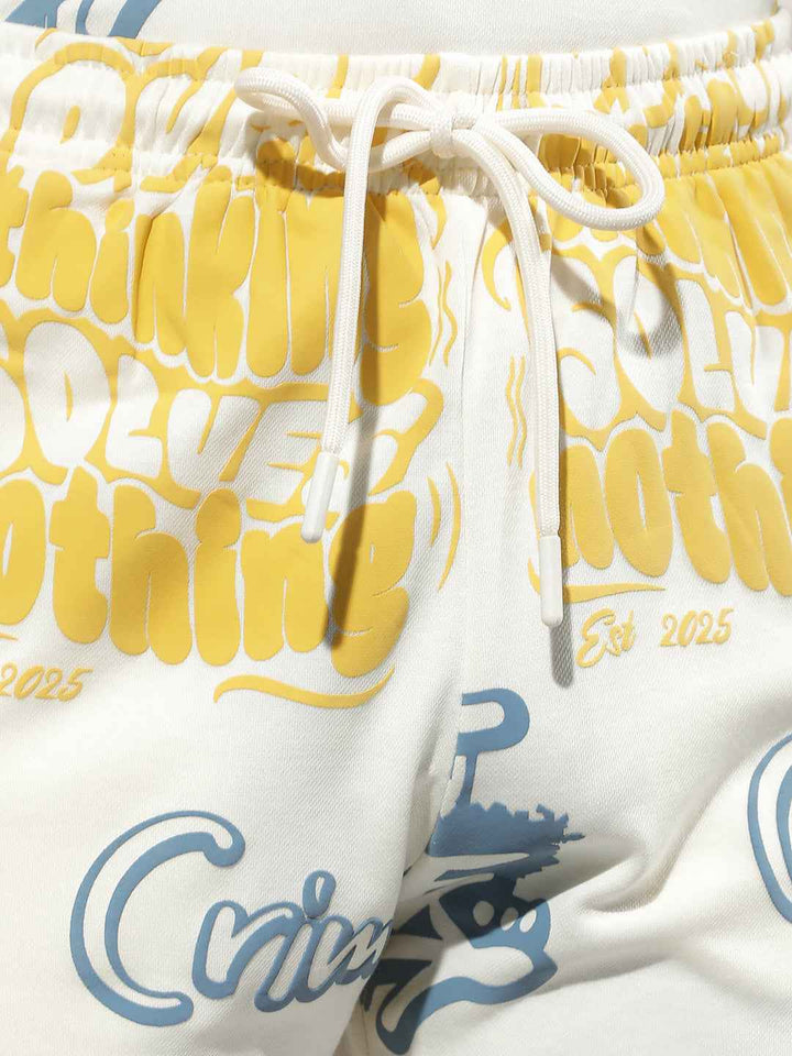 White Typographic Print Shorts
