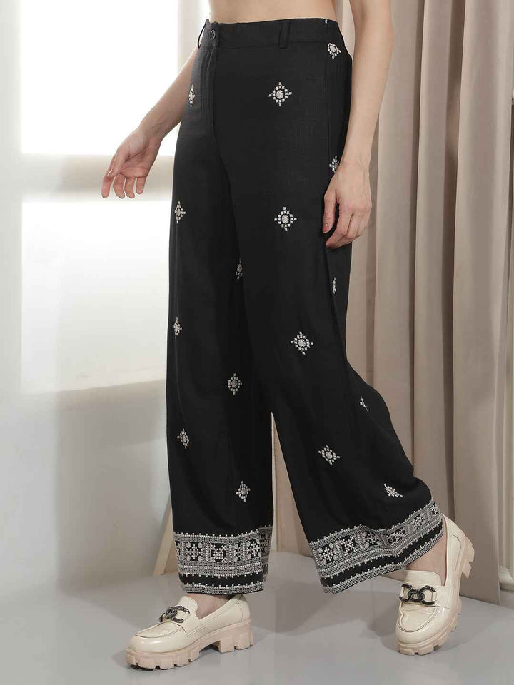 Black Embroidered Wide Leg Trousers