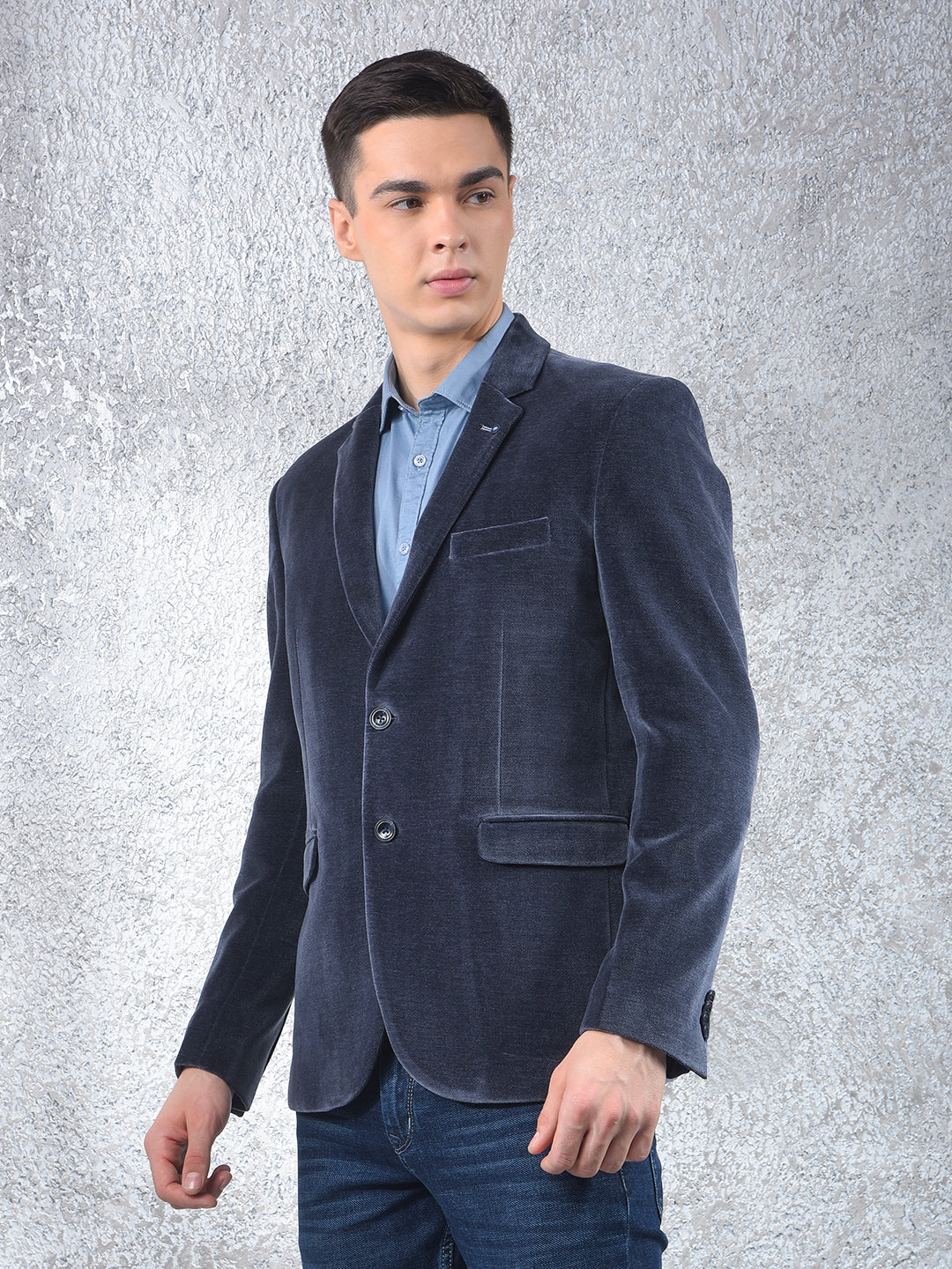 Blue Single-Breasted Velvet Blazer