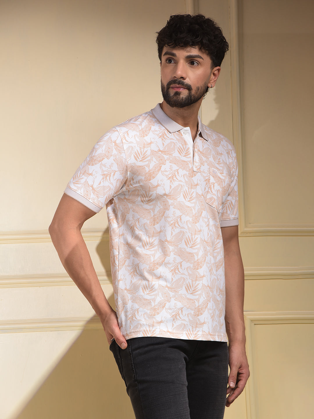Peach Floral Print Polo-Neck T-Shirt