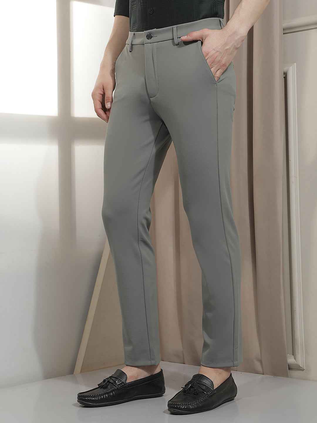 Textured Grey Knit Casual Trousers