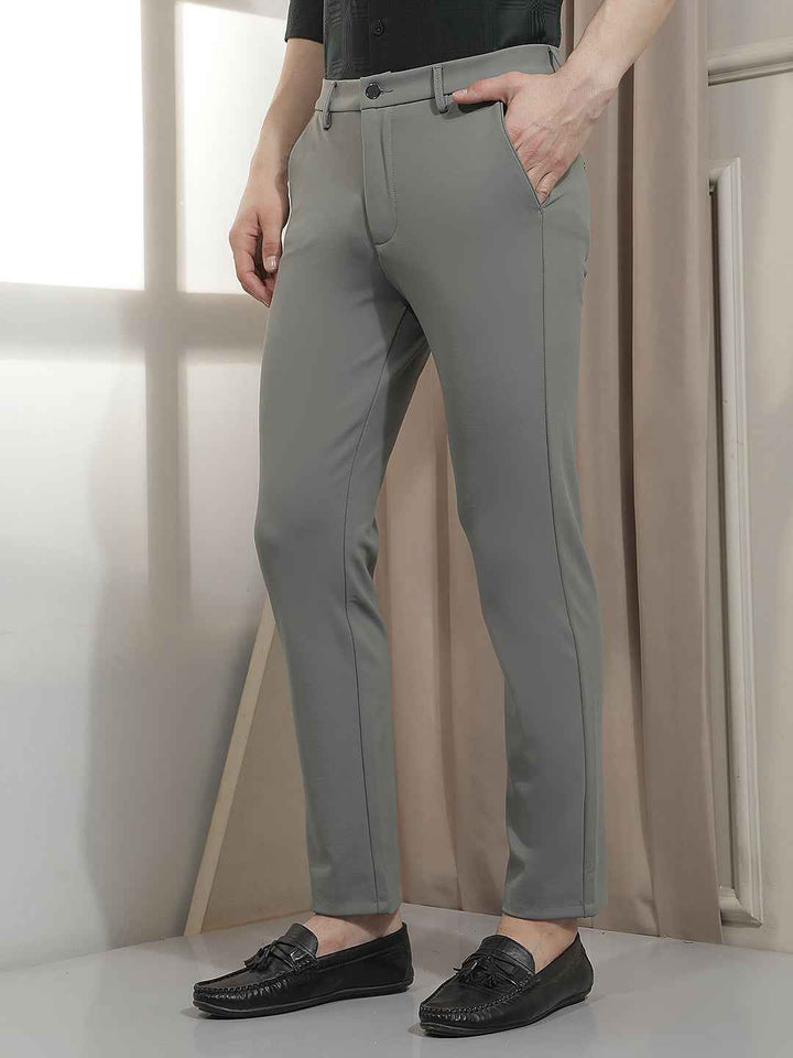 Textured Grey Knit Casual Trousers