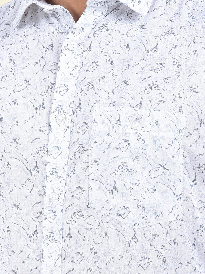 White Floral Print Linen Shirt