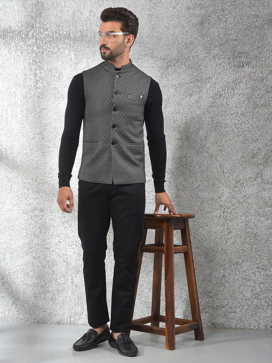 Contemporary Black Printed Waist Coat