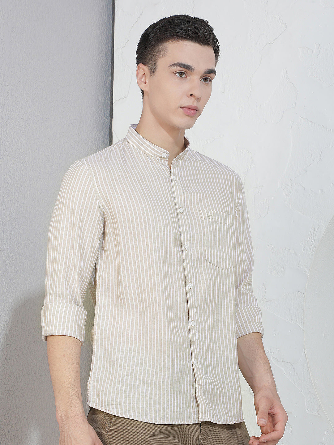 Beige Vertical Stripes Mandarin Neck Linen Shirt