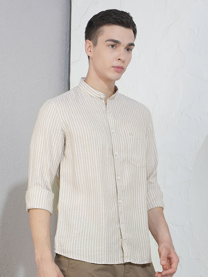 Beige Vertical Stripes Mandarin Neck Linen Shirt