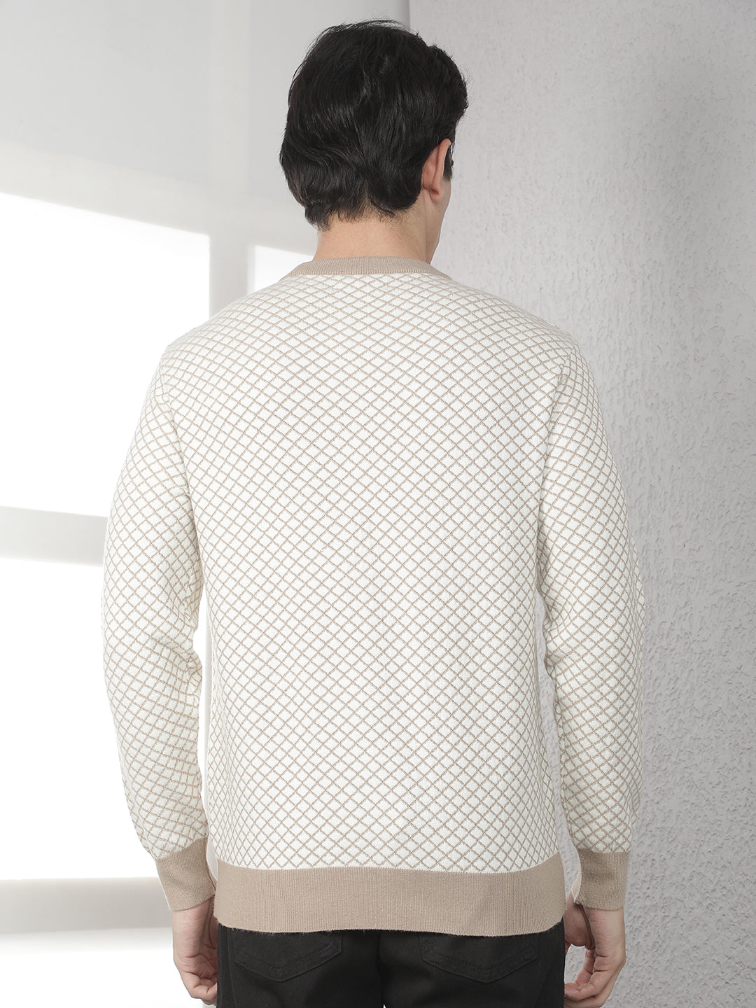 Beige Geometric Print Round Neck Sweater