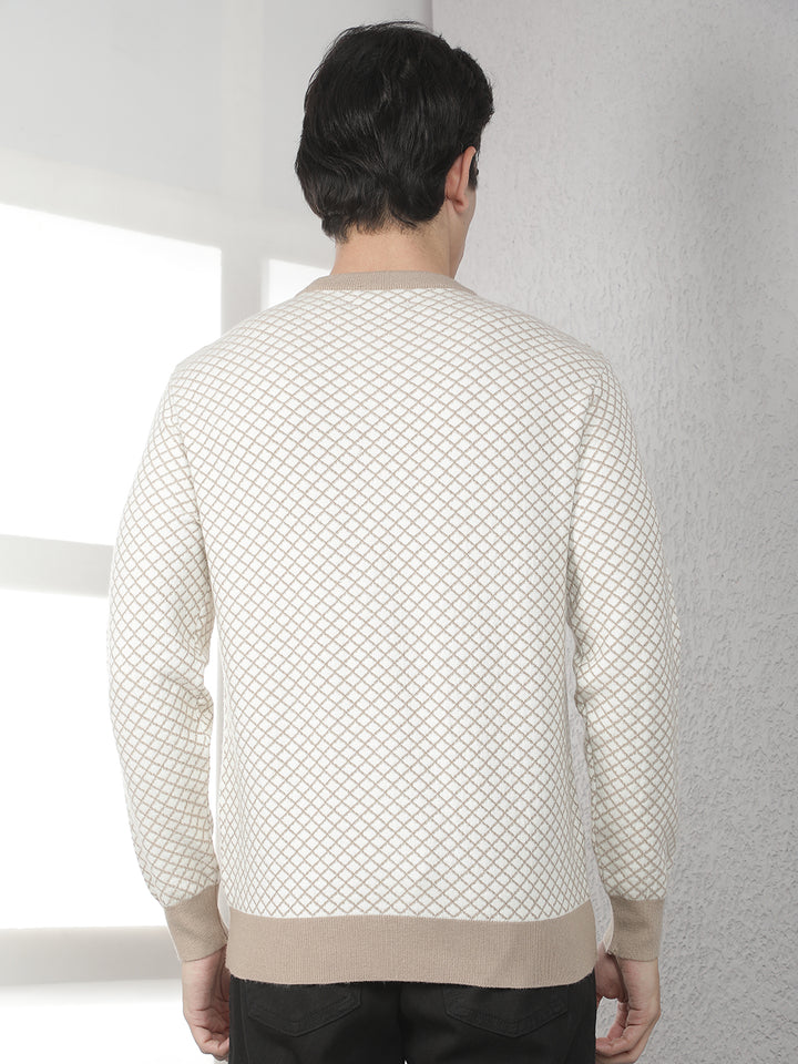 Beige Geometric Print Round Neck Sweater