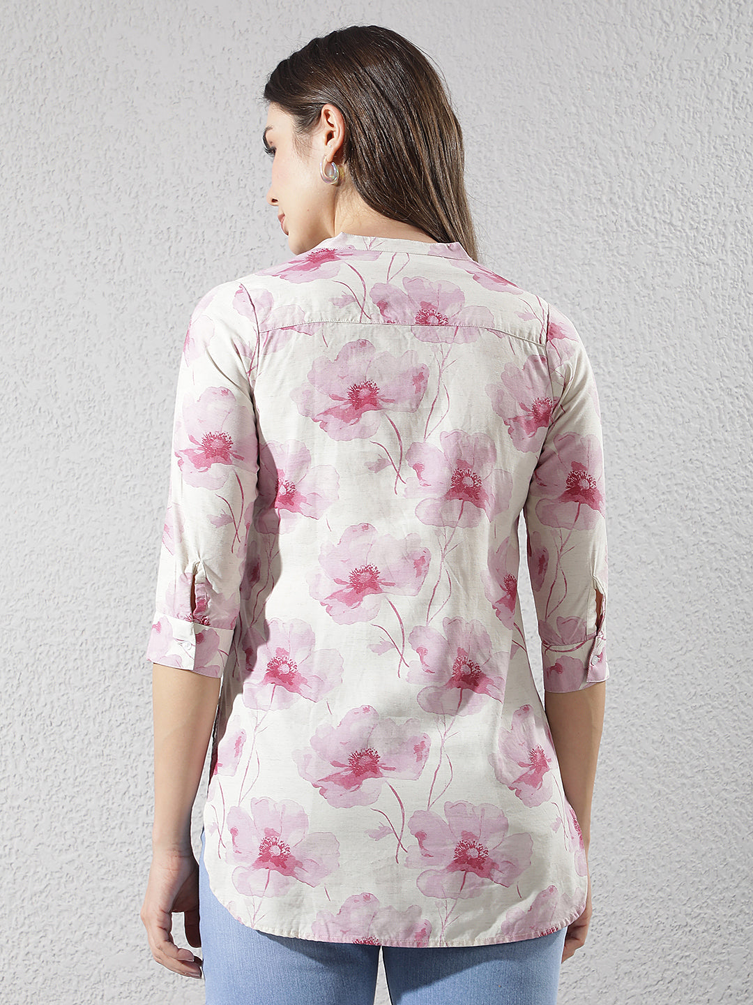 Linen Pink Floral Printed V-Neck Top
