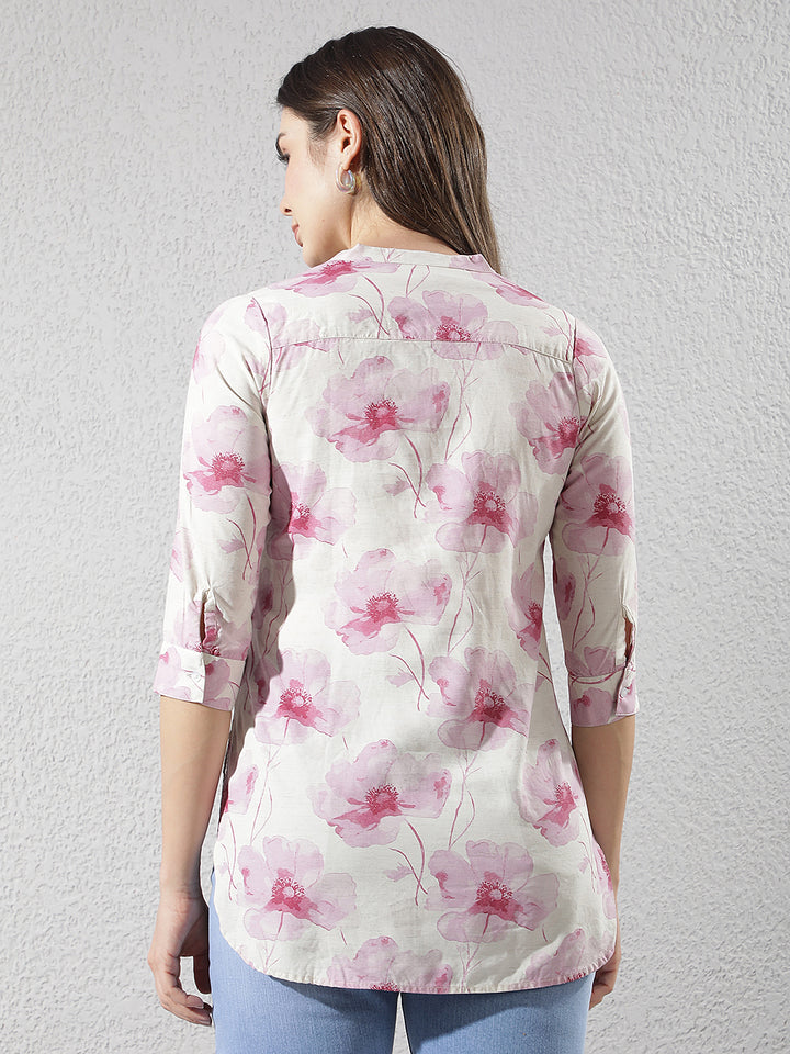 Linen Pink Floral Printed V-Neck Top