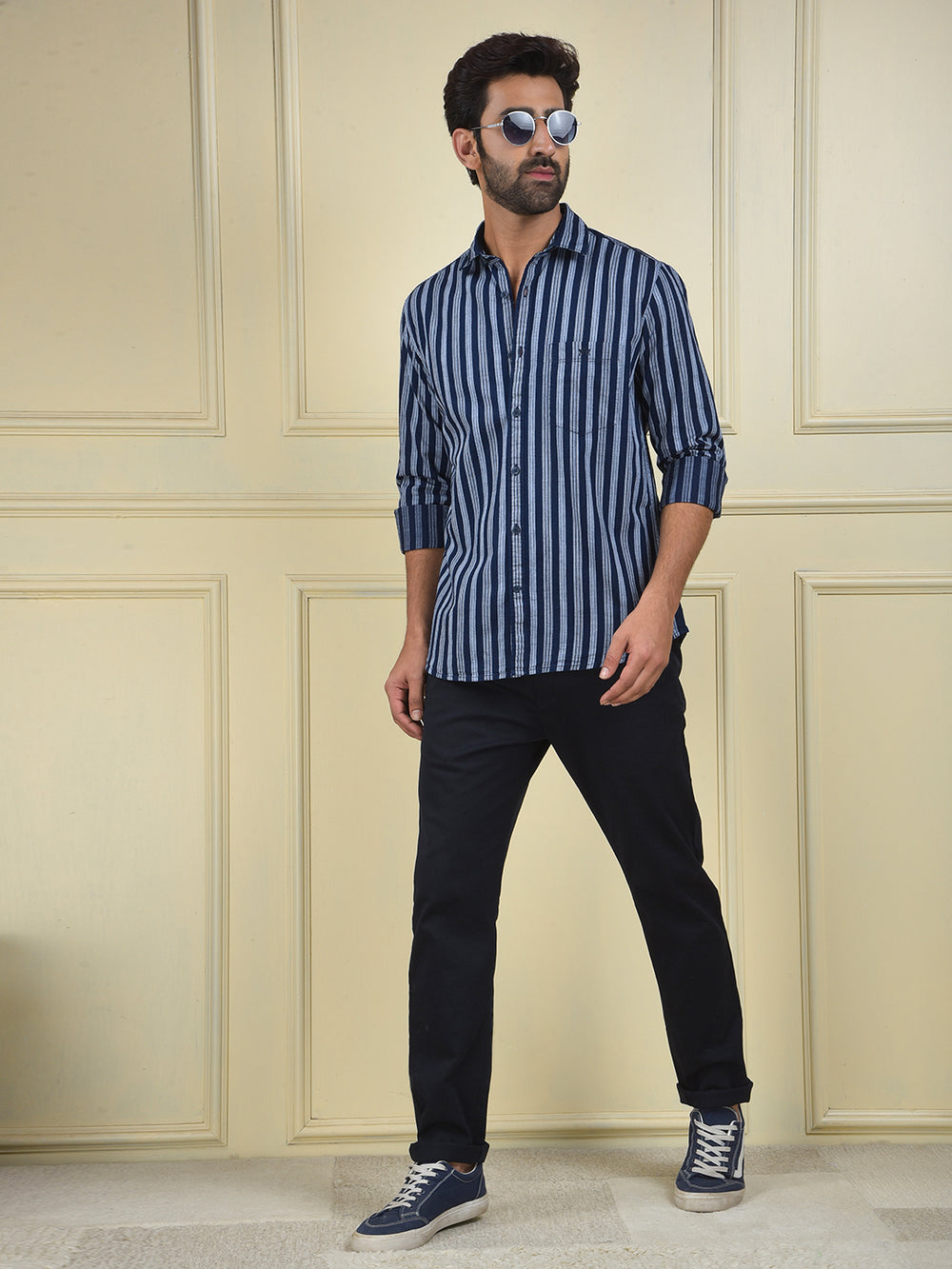 Navy Blue Vertical Stripes 100% Cotton Shirt
