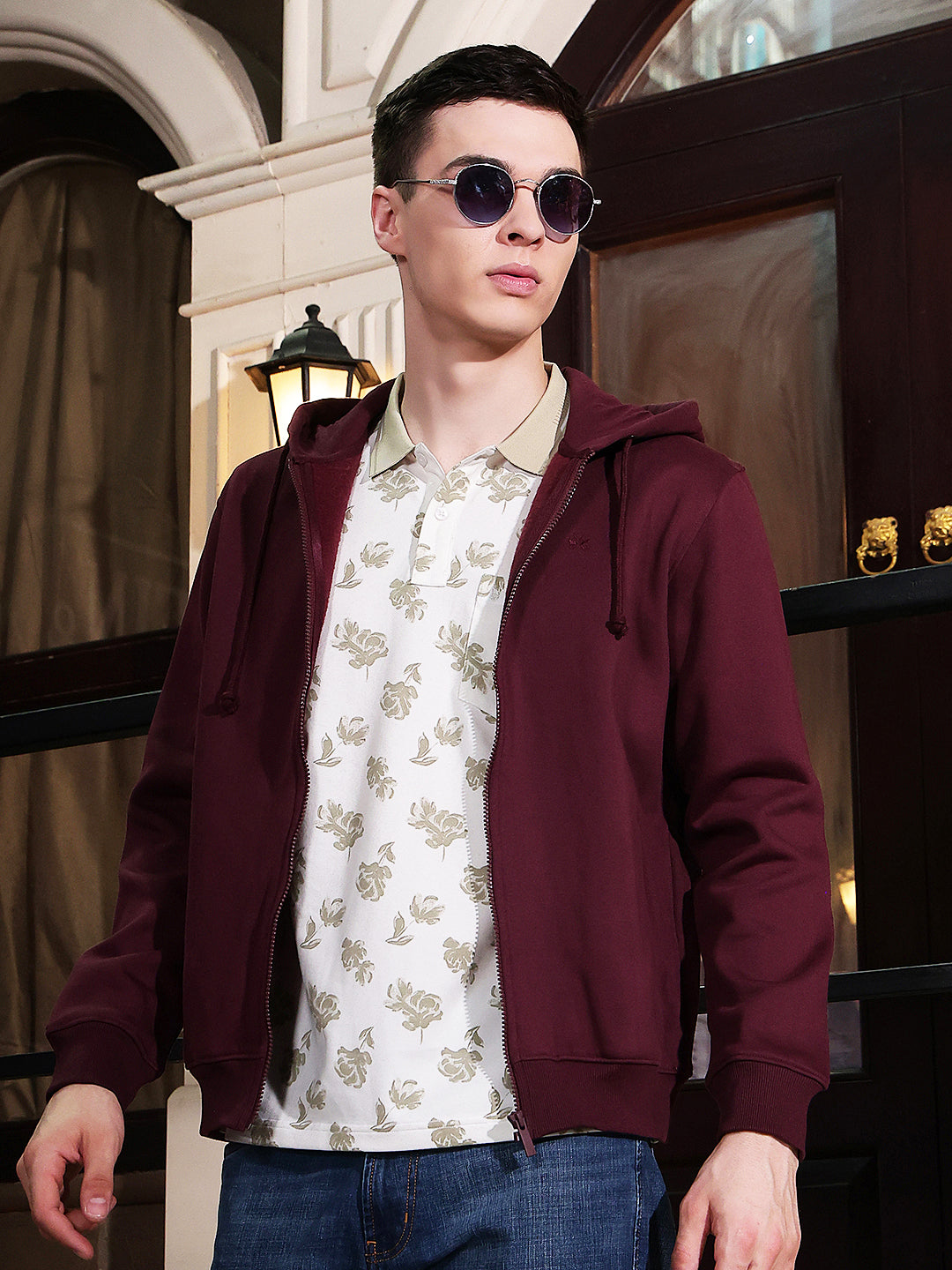 Maroon Hooded Neck Front Open Sweatshirt